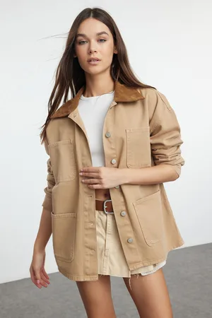 Trendyol Brown Suede Contrast Collar Denim Shirt Jacket