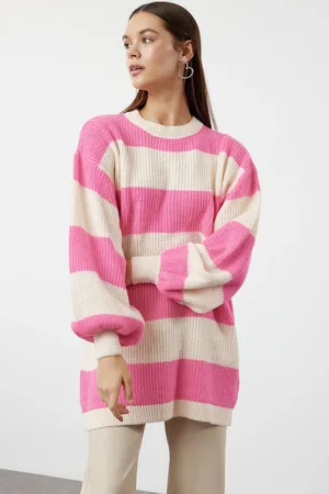 Trendyol Pink Soft Textured Thessaloniki Knitwear Striped Sweater