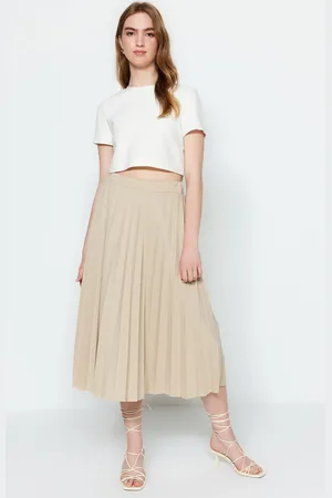 Trendyol Stones Flared High Waist Midi Pleated Smart Crepe Knitted Skirt