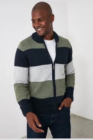 Trendyol Khaki Slim Wool Half Turtleneck Color Block Knitwear Cardigan