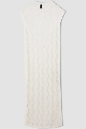 DeFacto Crew Neck Sleeveless Slit White Midi Knit Dress