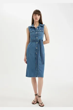 DeFacto Shirt Collar Sleeveless Belted Jean Midi Dress
