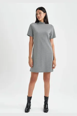 DeFacto A-Line Half Turtleneck Houndstooth Jacquard Mini Short Sleeve Dress