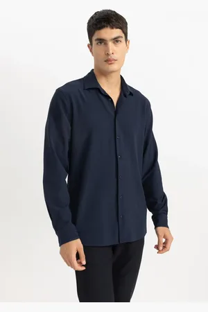 DeFacto Modern Fit Polo Collar Basic Plain Crinkle Long Sleeve Shirt