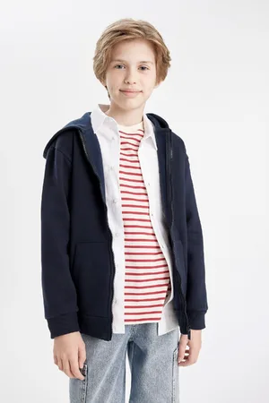 DeFacto Boy Basic Plain Navy Blue Hooded Pocket Zippered School Cardigan