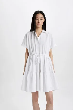 DeFacto Shirt Collar Pleated Waist Poplin Short Sleeve Mini White Dress