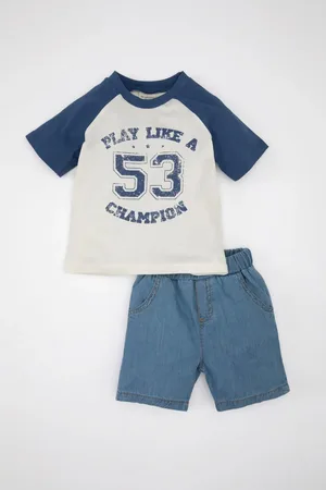 DeFacto Baby Boy 2-Piece Set Printed Short Sleeve T-Shirt Top Jean Shorts