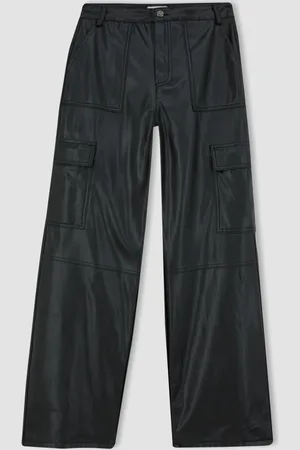 DeFacto Faux Leather Pants Wide Leg Wide Leg Cargo Pocket Basic Plain