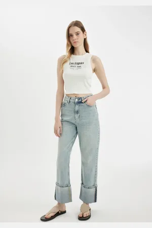 DeFacto Straight Fit High Waist Folded Leg Ankle Length Jean Washed Trousers