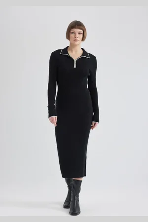 DeFacto Regular Fit Polo Collar Half Zipper Basic Plain Long Sleeve Maxi Knit Dress