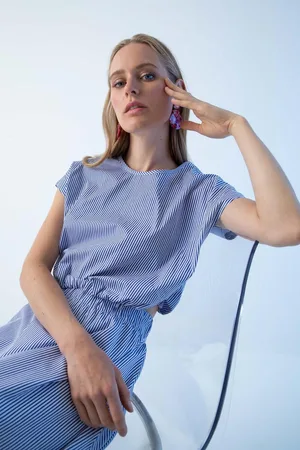 DeFacto Crop Bicycle Collar Striped Poplin Sleeveless 100% Cotton Blouse