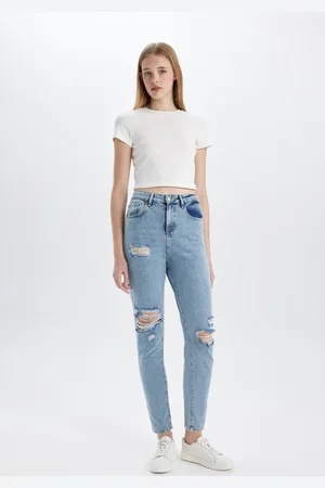 DeFacto Lina Lina Mom Fit Ripped Detailed High Waist Ankle Length Jean Washed Trousers