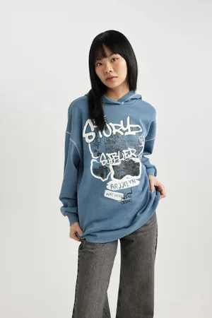 DeFacto Coool Oversize Fit Printed Hooded Thick Washed Pale Effect Sweatshirt