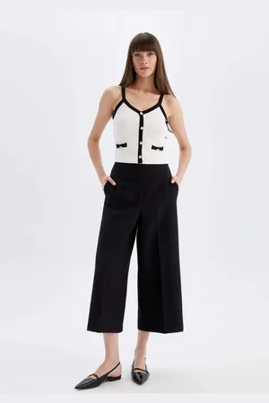 DeFacto Classic Chino Pants Culotte Black Basic Plain Normal Waist Pocket Wide Leg