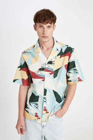 DeFacto Relax Fit Crochet Collar Printed Cotton Short Sleeve Shirt