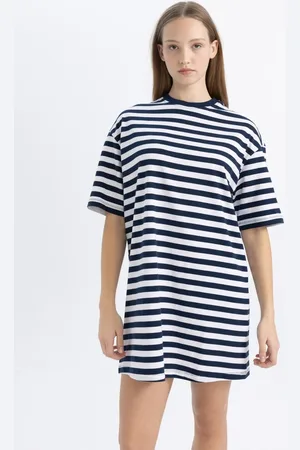 DeFacto Cool Oversize Striped Combed Cotton Short Sleeve Mini T-Shirt Dress