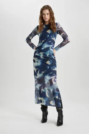 DeFacto Bodycon Round Neck Tie Dye Tulle Midi Long Sleeve Dress