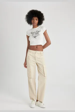 DeFacto Gabardine Trousers Straight Fit Standard Length High Waist Cargo Pocket