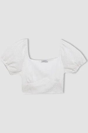 DeFacto Fitted U Neck Embroidered Embroidery Short Sleeve Blouse