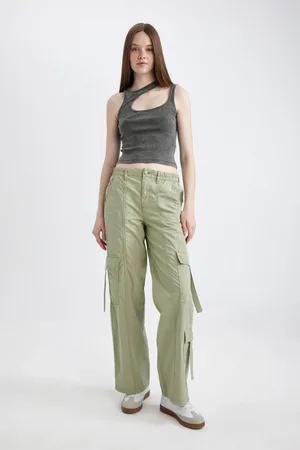 DeFacto Gabardine Trousers Wide Leg Wide Leg Cargo Pocket Elastic Waist Buttoned Standard Length
