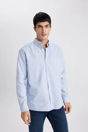 DeFacto Relax Fit Polo Neck Striped Oxford Long Sleeve Shirt