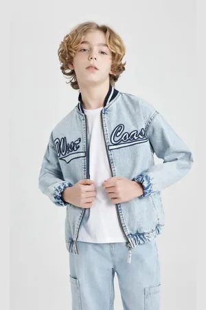 DeFacto Boys College Collar Zippered Pocket Seasonal Printed Jean Bomber Jacket