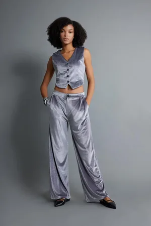 DeFacto Classic Velvet Trousers Wide Leg Fit Wide Leg High Waist Pleated Double Pocket