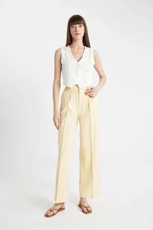 DeFacto Linen Blend Trousers Wide Leg Pocket Wide Wide Leg Pleated High Waist Basic Plain Standard Length