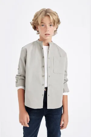 DeFacto Boy Oversize Wide Pattern Stand Collar Twill Long Sleeve Shirt