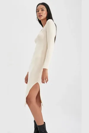 DeFacto Fitted Square Neck Rib Long Sleeve Slit Midi Dress