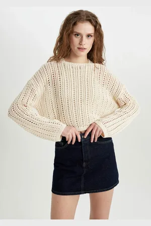 DeFacto Crop Boat Neck Crochet Sweater