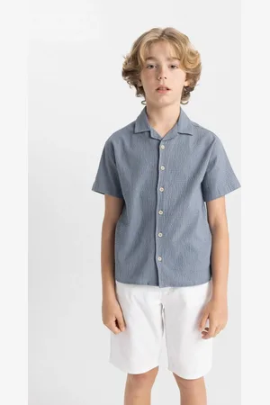 DeFacto Boy Oversize Wide Pattern Polo Collar Seersucker Textured Short Sleeve Shirt
