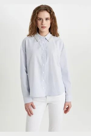 DeFacto Oversize Wide Cut Striped Collar Beaded Detail Oxford Long Sleeve Shirt
