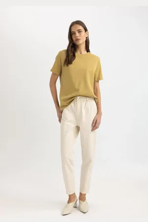 DeFacto Paperbag Gabardine Trousers High Waist Pocket Basic Straight Standard Leg