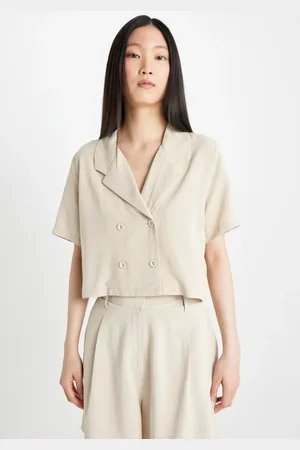 DeFacto Crop Polo Neck Linen Blend Short Sleeve Shirt