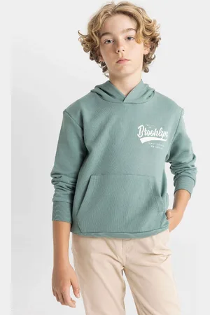 DeFacto Boy Green Text Printed Pocket Hooded School Sweatshirt