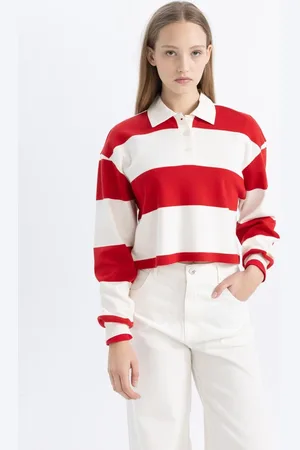 DeFacto Cool Crop Striped Long Sleeve Polo T-Shirt