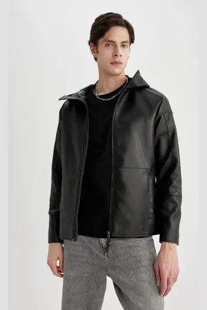 DeFacto Slim Fit Faux Leather Jacket Coat Slim Cut Hooded Zippered Pocket Seasonal
