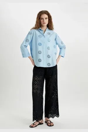 DeFacto Pants Wide Leg Wide Leg Pocket High Waist Embroidered Hole Long Length
