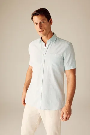 DeFacto Regular Fit Polo Neck Linen Blended Short Sleeve Shirt
