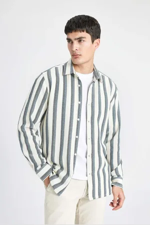 DeFacto Regular Fit Polo Neck Cotton Striped Long Sleeve Shirt
