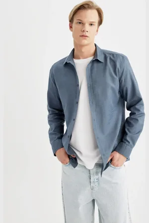 DeFacto Slim Fit Slim Cut Polo Collar Basic Plain Cotton Long Sleeve Shirt