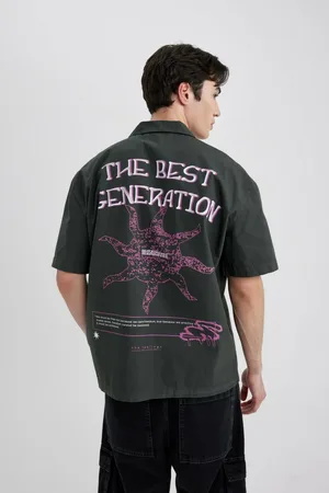 DeFacto Relax Fit Open Collar Back Printed Cotton Short Sleeve Shirt