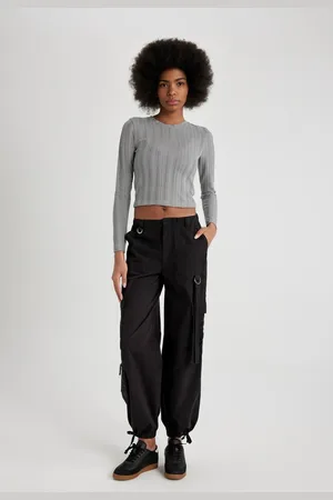DeFacto Parachute Gabardine Trousers Cargo Pocket High Waist Standard Length