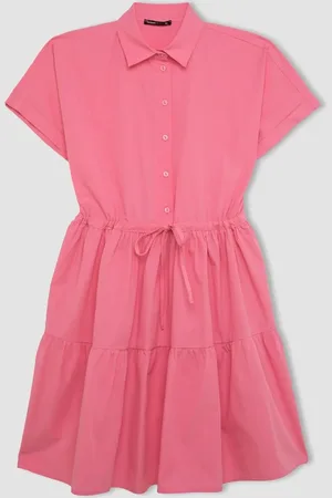 DeFacto Shirt Collar Pleated Waist Poplin Short Sleeve Mini Pink Dress
