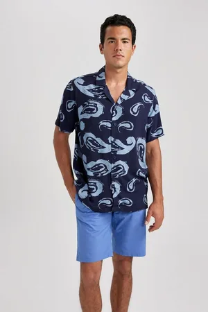 DeFacto Relax Fit Open Collar Patterned Viscose Short Sleeve Shirt