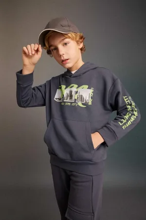 DeFacto Boy Oversize Wide Pattern Hooded Printed Sweatshirt