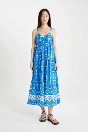 DeFacto V-Neck Patterned Voile Strap Maxi Dress