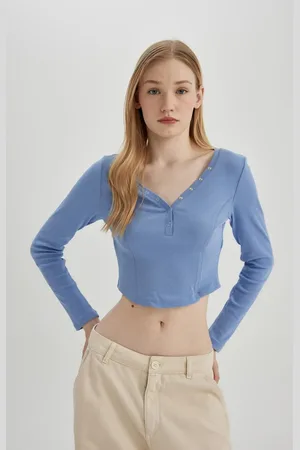 DeFacto Cool Fitted V Neck Crop Ribbed Camisole Long Sleeve T-Shirt