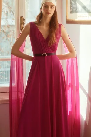 Trendyol X Dilek Hanif Purple Evening Dress & Prom Dress with a Double Breasted Collar, Belt